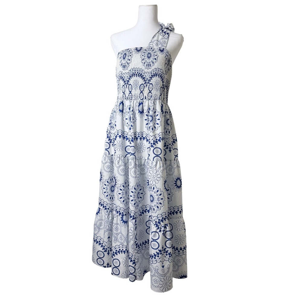 Womens Maxi Dress 2XL Blue Peasant Flowy Sun Dress Romantic Resort One Shoulder